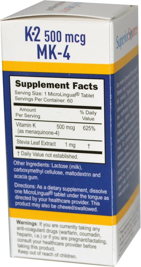 Superior Source Vitamin K-2 500 mcg (MK-4) 60 Sublingual Tablet