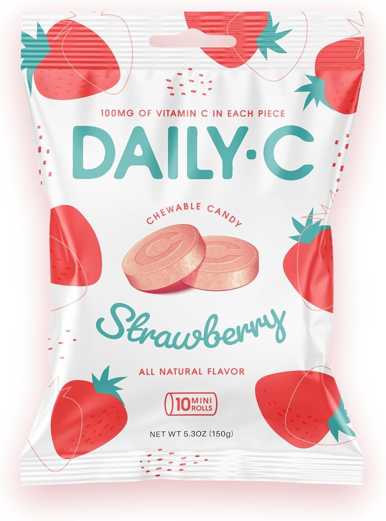 Daily-C Chewable Vitamin C Strawberry Chewable Candy | 100MG of Vitamin C in each Piece | Brought to You by Iconic Candy (Strawberry, 5.3oz Peg Bag)