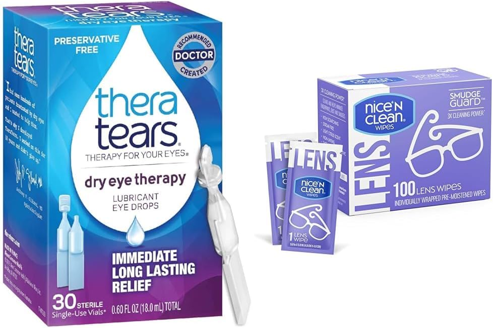 TheraTears Θεραπεία ξηρών ματιών Λιπαντικές σταγόνες ματιών, συντηρητικά δωρεάν, 30 φιαλίδια & Nice 'N Clean SmudgeFans Καθαριστικά μαντηλάκια φακού, 100 μαντηλάκια