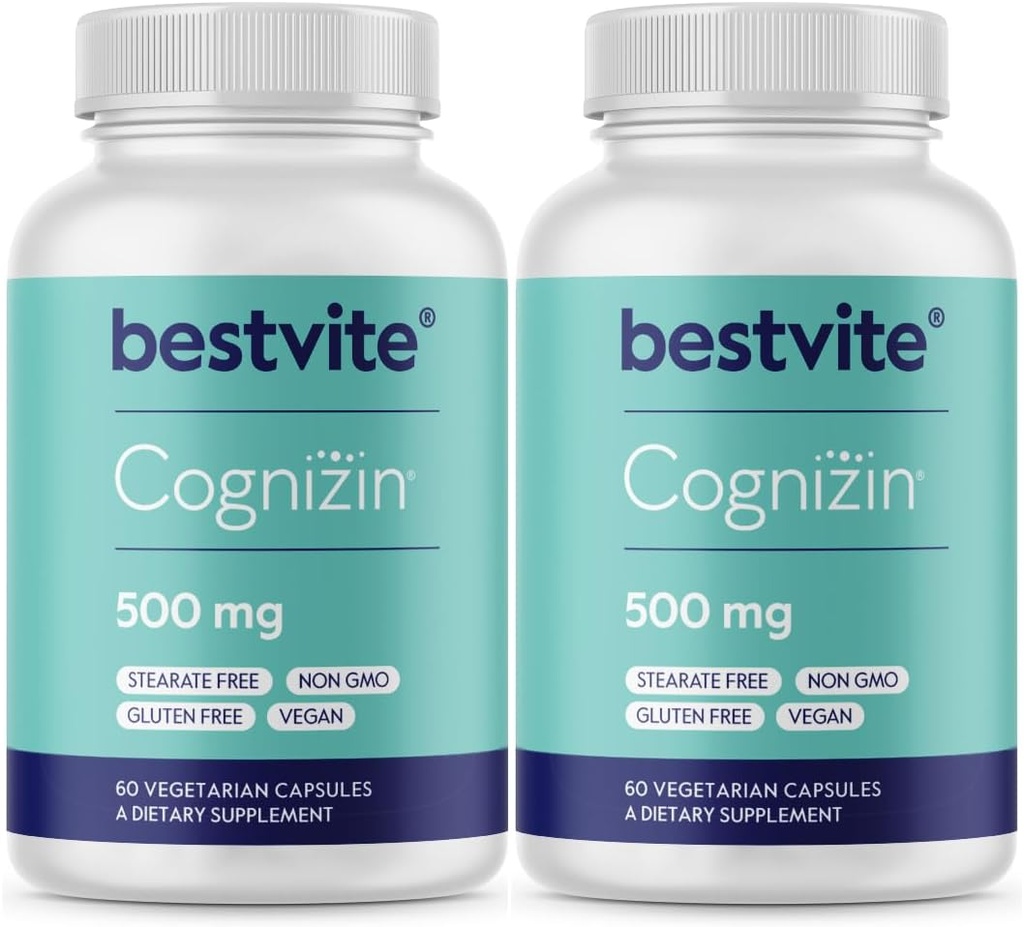 BESTVITE Cognizin Citicoline 500mg (120 κάψουλες χορτοφαγικής) (60x2) - Κλινικά Σπουδές Premium Nootropic Choline - Όχι Stearates - Vegan - Χωρίς γλουτένη - Συμπληρώματα εγκεφάλου για τη μνήμη και την εστίαση