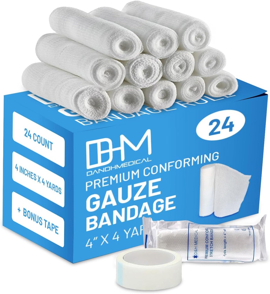 D&H Medical Pack of 24 Gauze Bandage Roll 4 Inches x 4 Yards - Yaralar Bakımı için Tıbbi Gauze - Pamuk Gauze Rolls'yi El Yıkaması için Kullanımı Kolay