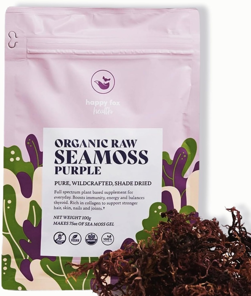 HAPPY FOX Organik Deniz Moss Raw Mor - Phytonutrients & Minerals'te 75oz Seamoss Gel Rich, sertifikalı Non-GMO, Wildcrafted, Superfood - 100 gram Bag