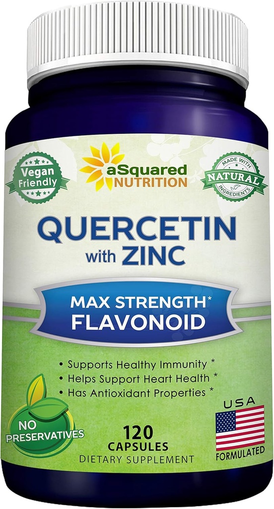 aSquared Nutrition Quercetin 1000mg with Zinc Supplement - 120 Capsules - Quercetin Dihydrate with Black Elderberry & Zinc - Max Strength Powder Complex Pills to Help Improve Immune Response