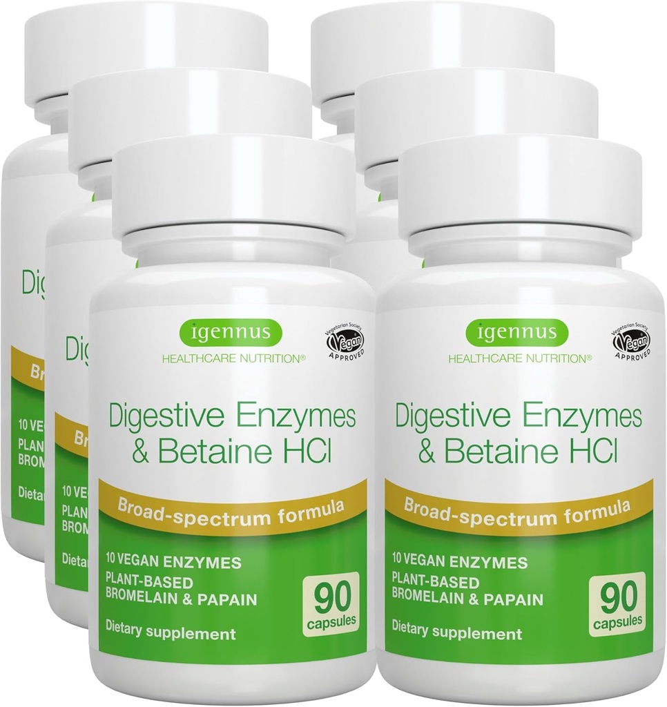 Igennus Fast Action Digestive Enzymes & Betaine HCl, 10 Broad Spectrum Enzymes με Protease, Lipase & Lactase, Papain & Bromelain, Φυτική Vegan, Καθαρή ετικέτα, για γυναίκες και άνδρες, 6 Pack