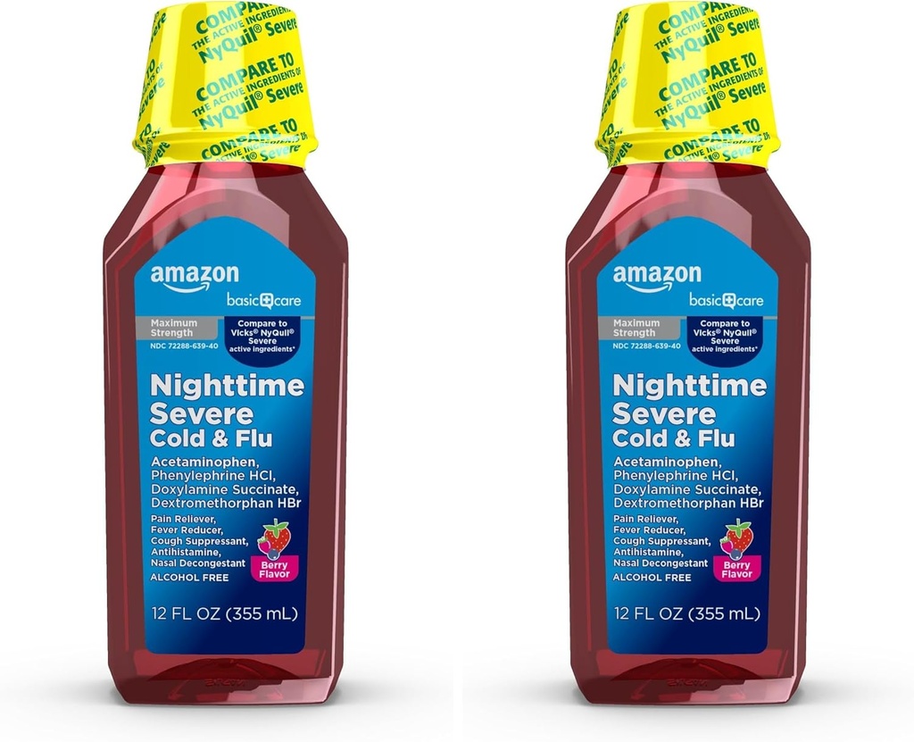 Basic Care Nighttime Severe Cold and Flu Syrup, Max Strength Liquid Medicine, Multi-Symptom Relief, Yetişkinler ve Çocuklar için 12 Yıl ve Yaşlı, Karma Berry Flavor, 12 fl oz (Pack of 2)