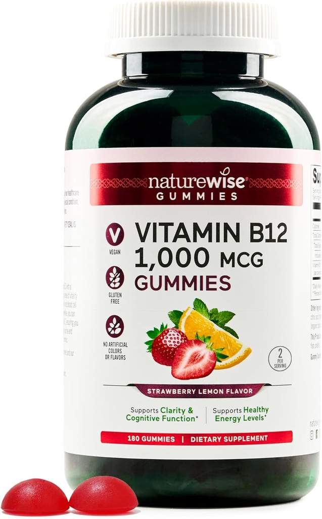 NatureWise Vitamin B12 Gummies for Yetişkinler, 1000 mcg - Strawberry Lemon Flavor - Supports Daily Energy, mentalty, Cognitive Function - Vegan, Gluten-Free, Non-GMO - 180 Count[3-Month Supply]
