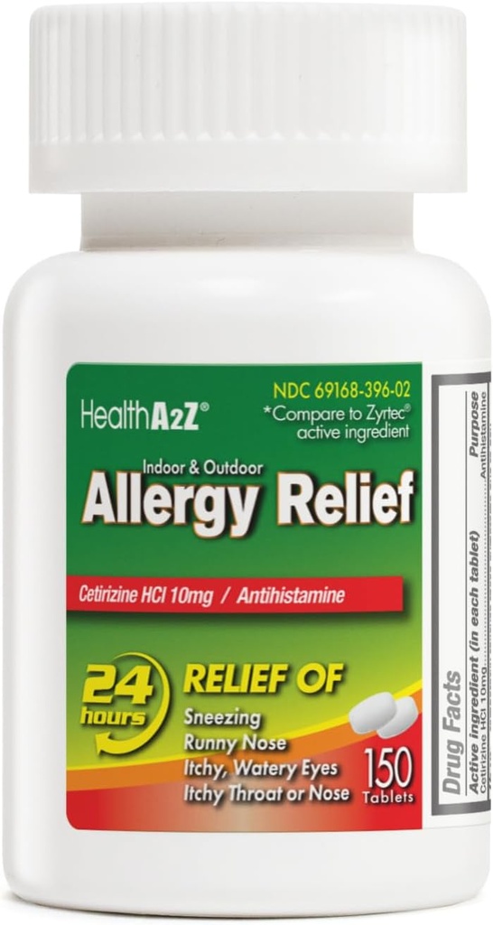 SağlıkA2Z® Antivirüs Yardımı | Cetirizine 10 mg | Tüm Gün Antivirüs Yardımı | Kapalı ve Açık | Itchy Throat, Sneezing, Runny Nos (150 Kont)