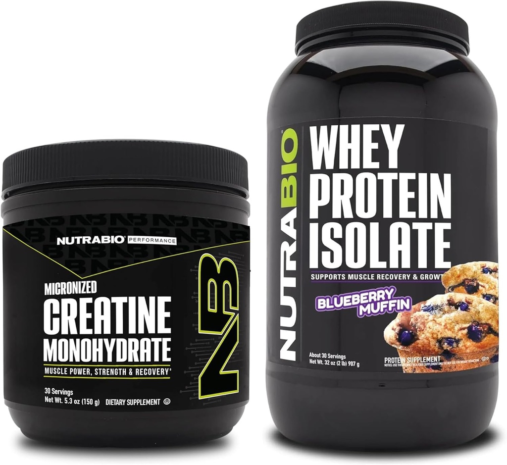 NutraBio Kretine Monohidrat, Unflavored, 150g ve Whey Protein Isolate, Blueberry Muffin, Supplement Sche - Muscle Energy, Lean Muscle growth, Recovery, and Strength