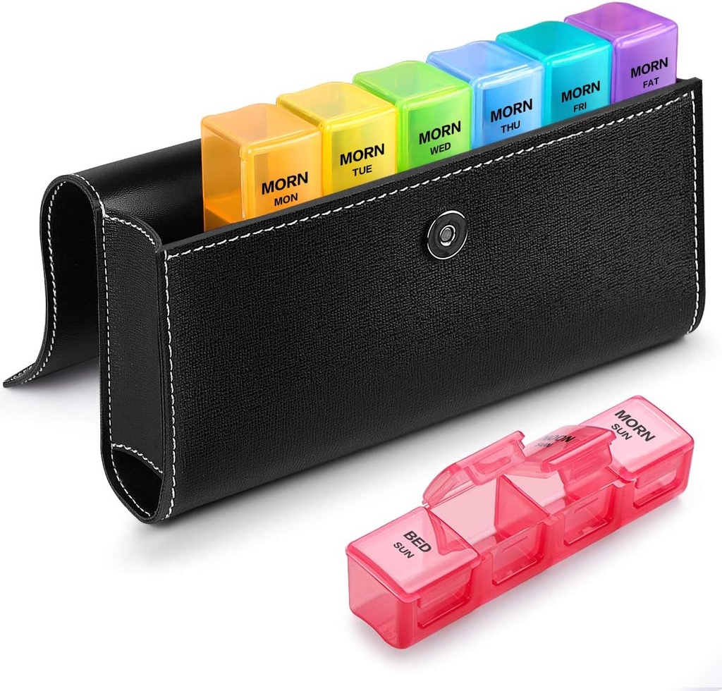 Sukuos Weekly Pill Organizer 4 Times a Day with PU Deri Case, Large 7 Day Pill Box (Morning Noon Eve Bed), Günlük Pill Case for Vitamin/Fish Oil /Supplements