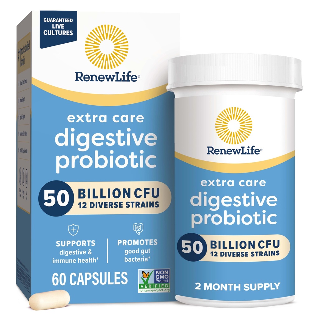 Renew Life Extra Care Digestive Probiotic Capsules, 50 Billion CFU Guaranteed, Daily Supplement Supports Immune, Digestive, Respiratory Health(1), L. Rhamnosus GG, Dairy, Soy and Gluten-Free, 60 Count