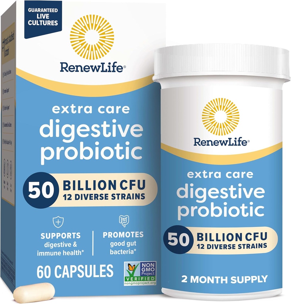 Yeni Yaşam Ekstra Bakım Digestive Probiyotik Capsules, 50 Milyar CFU Garantili, Daily Supplement Supports Immune, Digestive, Respiratory Health (1), L. Rhamnosus GG, Dairy, Say ve Gluten-Free, 60