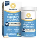 Renew Life Extra Care Digestive Probiotic Capsules, 50 Billion CFU Guaranteed, Daily Supplement Supports Immune, Digestive, Respiratory Health(1), L. Rhamnosus GG, Dairy, Soy and Gluten-Free, 60 Count