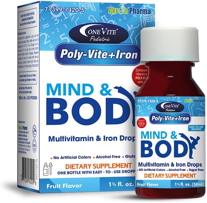 Poly-Vite+Iron Multivitamin Iron Drops for Infants & Toddler – Güçlü Büyüme, Beyin Gelişimi, Immune Health – Yapay Renkler, Gluten-Free, 50mL Dropper Şişe One Vite