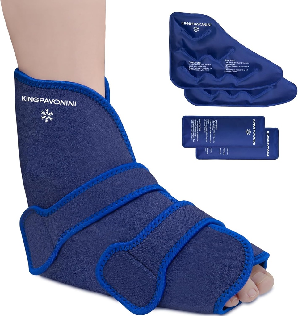 KingPavonini Ankle Foot Buz Packs for the Sprateed Ankle and Surgery Recovery, Reusable Gel Ice Packs for Feet Injuries, Plantar Fasciitis, Achilles Tendonitis, Hot/Cold Therapy (1+4 Gel Packs)