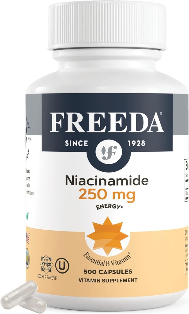 Freeda Niacinamid - Vitamin B3 Niacinamid 250 mg - Vegetarian No Flush Niacin Formula - B3 Vitamin Niacinamid Tamam - Niacin Flush Ücretsiz Niacin Supplement B3 Nicotinamid, 500 Capsules