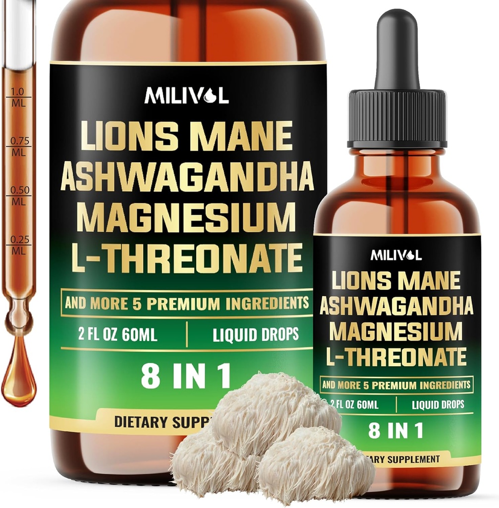 8in1 Lions Mane Liquid Drops with Ashwagandha Root, L Magnezyum-Threonate & 5 Herbs - Mood Balance, Brain Health, Immune - 60 Days Supply - 2Fl ozsa