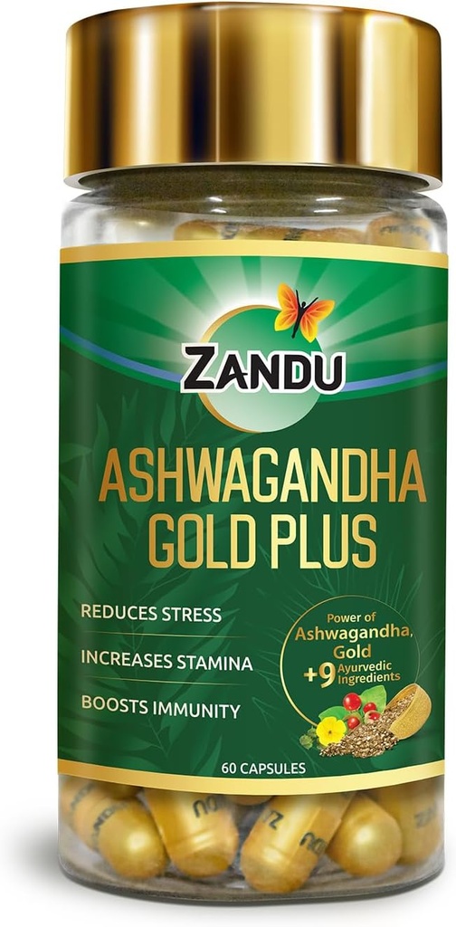 Zandu Ashwagandha Gold Plus, Made with Gold, Ashwagandha, Safed Musli, Shilajit και άλλα Ayurvedic συστατικά, βοηθά στην ενίσχυση Stamina, ενισχύει την ασυλία, 60 Caps