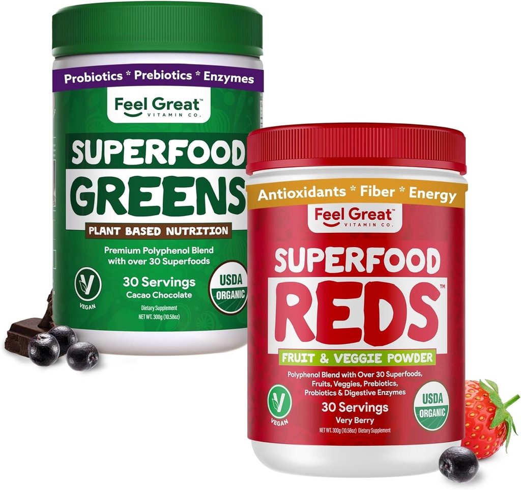 Great USDA Organic Reds & Super Greens Toz Combo (2-Pack) | 35+ Yeşiller, Meyveler & Veggies, Fiber, Probiyotikler & Digestive Enzymes | 30 Hizmet
