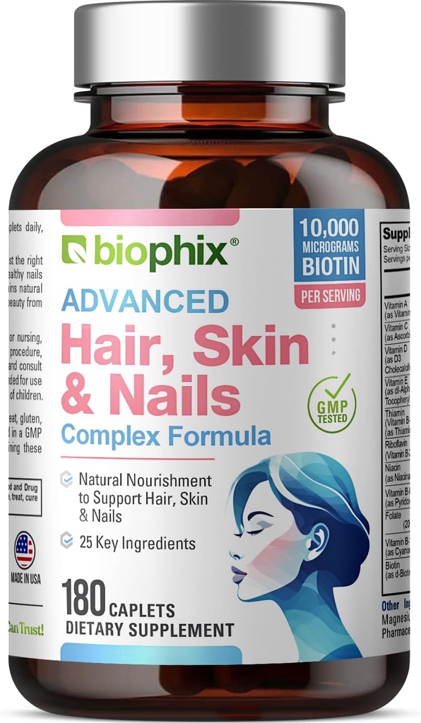 Biophix Hair Skin ve Nails Kompleks 180 Caplets with 10.000 mcg Biotin - Multivitamin Supports Güçlü Nails Güzel Saç Sağlıklı Ağlama