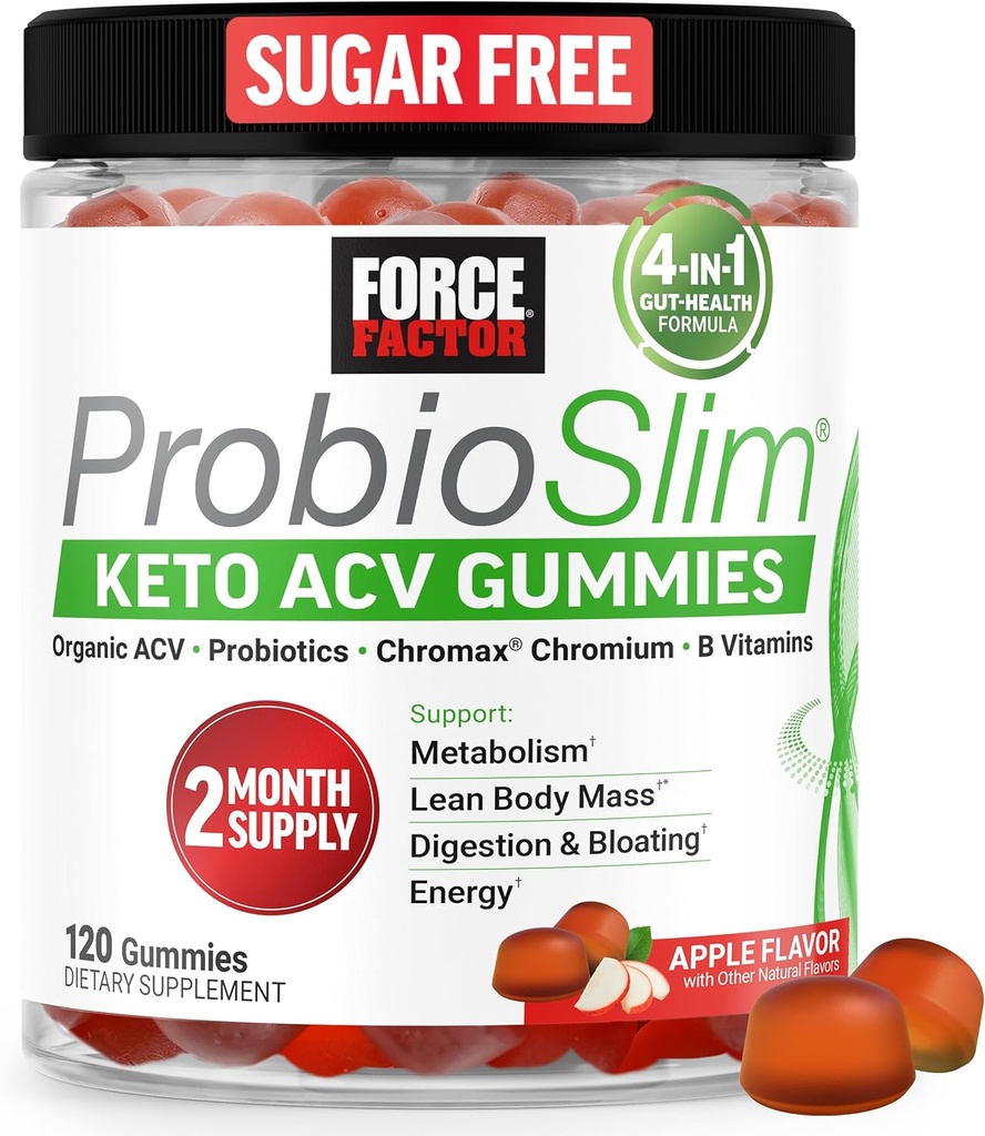Force Factor ProbioSlim Keto ACV Gummies, Organic Apple Cider Vinegar Gummies με LactoSpore Probiotics & Prebiotics to Support Digestion, Μεταβολισμός, & Ανοσοποιητική Υγεία, 1 Net Carb, Apple Flavor, 120ct