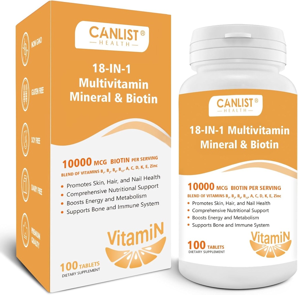 Saç Skinleri ve Çiçeği Erkekler ve Kadınlar için Multi-Vitamin, 1000006 Biotin & Multimineral, Contains B-Vitamins, Vitamins C, E & D3, Trace Minerals, çinko, Gluten-Free, Dairy-Free, Soy-Free, 100 Tablet