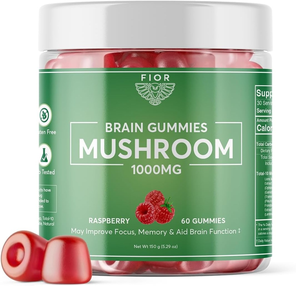 FIOR Mushroom Gummy Σύνολο 10 Mushroom Blend Συμπλήρωμα, 60 Count, 10 Mushroom Complex, Lions Mane, Chaga, Cordyceps, Reishi Extract, Mushroom Συμπλήρωμα Mushroom Gummies