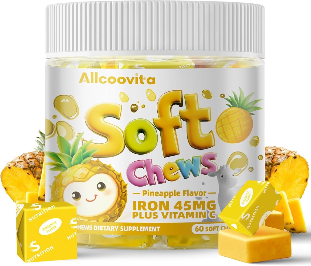Demir Yumuşak Chews Vitamin C | Pineapple Flavored | Gluten Free | Kadın Erkek ve Çocuklar için Demir Supplement | 60 Kont | 2 Ay Supply