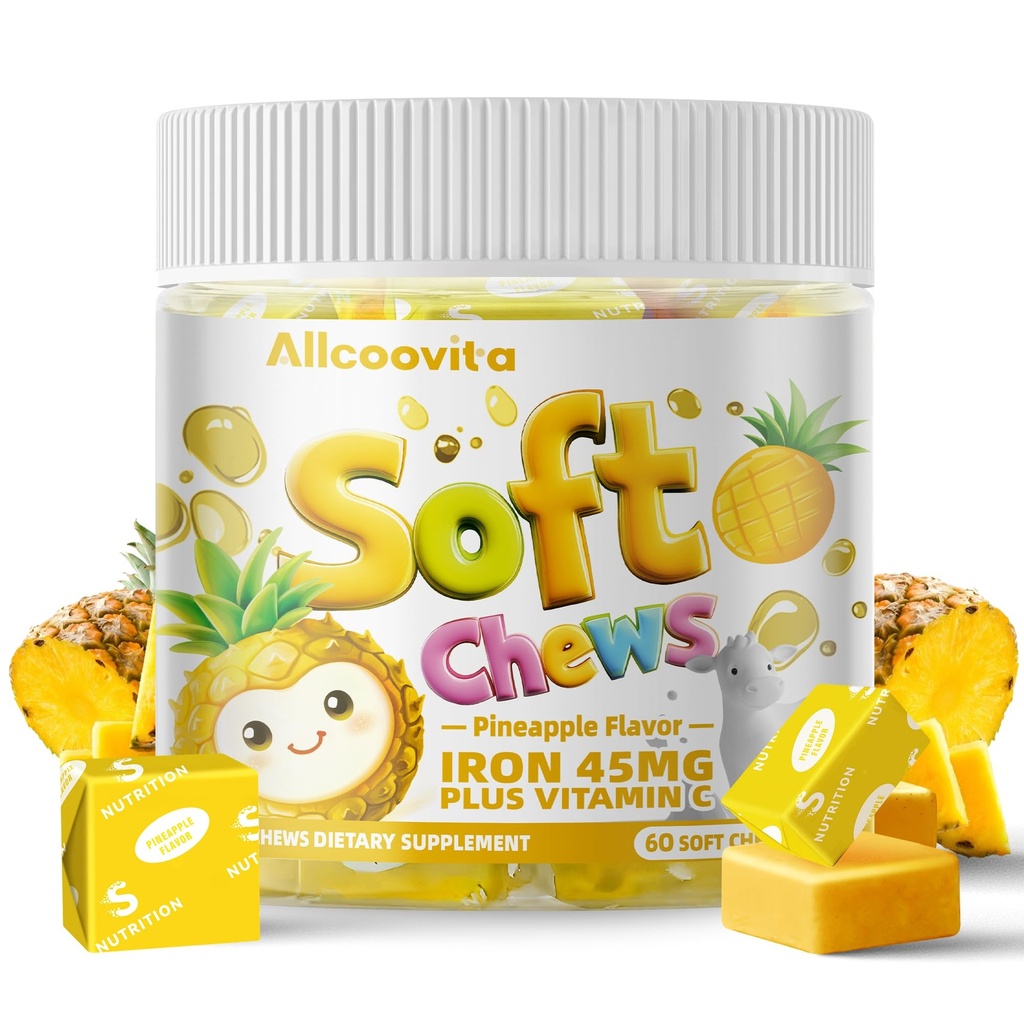 Demir Yumuşak Chews Vitamin C | Pineapple Flavored | Gluten Free | Kadın Erkek ve Çocuklar için Demir Supplement | 60 Kont | 2 Ay Supply