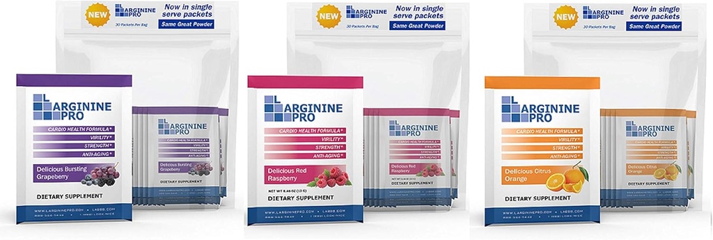 L-ARGININE PRO Supplement Toz | 90 Packets Single Serve Travel Size | L-arginine Plus 1,100 mg L-Citrulline, Raspberry, Orange & Grape