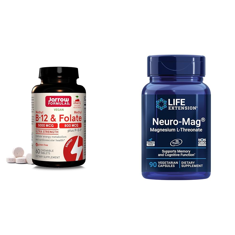 Jarrow Formulas Ultra Strength Methyl B-12 5000 mcg & Methyl Folate 800 mcg + P-5-P & Life Extension Neuro-mag Magnesium L-threonate, Magnesium L-threonate, Brain Health, Memory & Attention