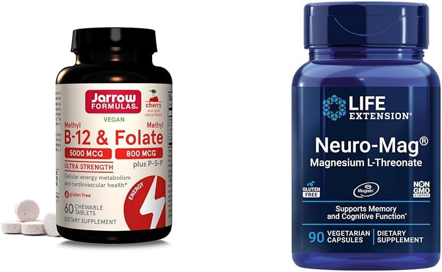 Jarrow Formulas Ultra Strength Methyl B-12 5000 mcg & Methyl Folate 800 mcg + P-5-P & Life Extension Neuro-mag Magnesium L-threonate, Magnesium L-threonate, Brain Health, Memory & Attention