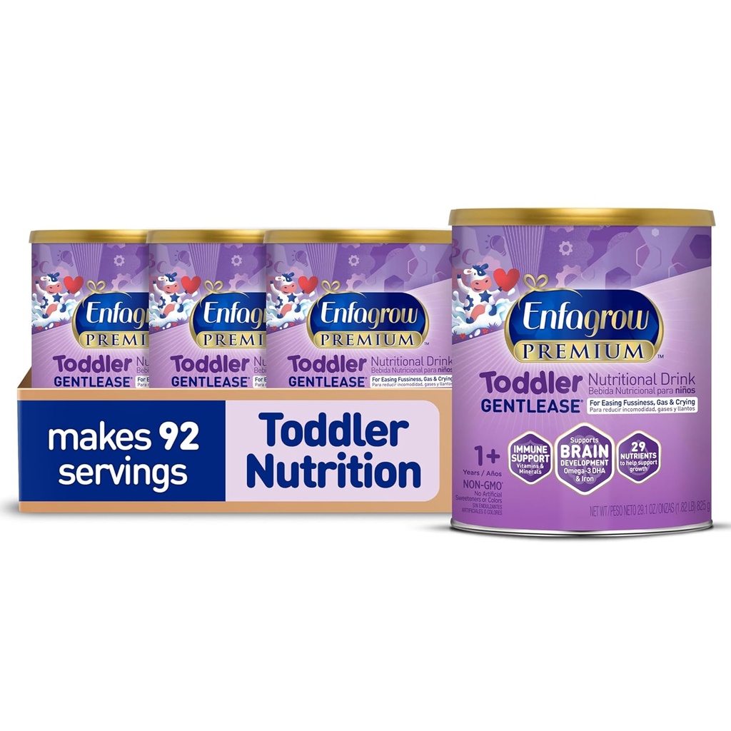 Enfagrow PREMIUM Gentlease Toddler Διατροφικό ποτό, Φτιαγμένο με Real Milk, Σχεδιασμένο για να διευκολύνει την εξασθένιση, το φυσικό αέριο & το κλάμα, θρεπτικά συστατικά για την ανάπτυξη & ανοσοποιητική υποστήριξη, κονσέρβα, 29.1 Oz (πακέτο των 4)