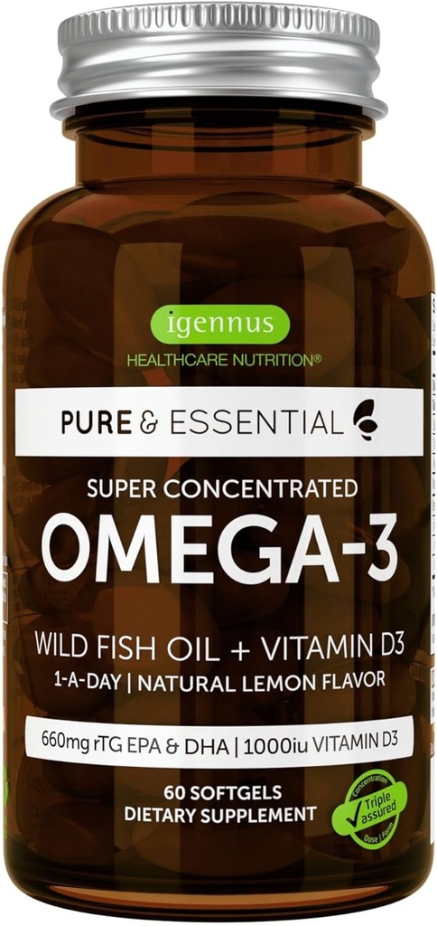 Igennus Advanced rTG Omega-3 IFOS sertifikalı Wild Fish Oil & Vitamin D3, 1-a-Day, Fatty Acids EPA & DHA, Hızlı Olarak Triglyceride Formu, Ultra Pure & Non-GMO, 60 Softgels