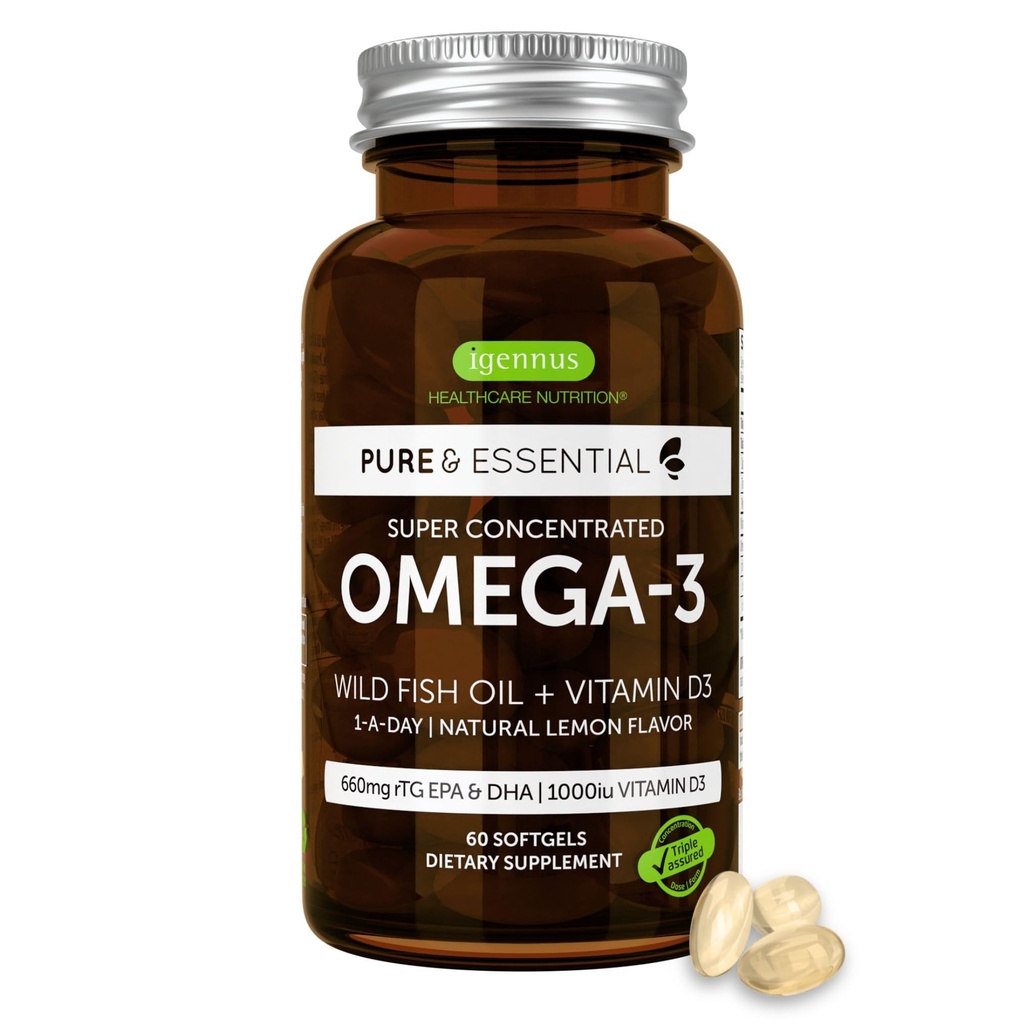 Igennus Advanced rTG Omega-3 IFOS sertifikalı Wild Fish Oil & Vitamin D3, 1-a-Day, Fatty Acids EPA & DHA, Hızlı Olarak Triglyceride Formu, Ultra Pure & Non-GMO, 60 Softgels