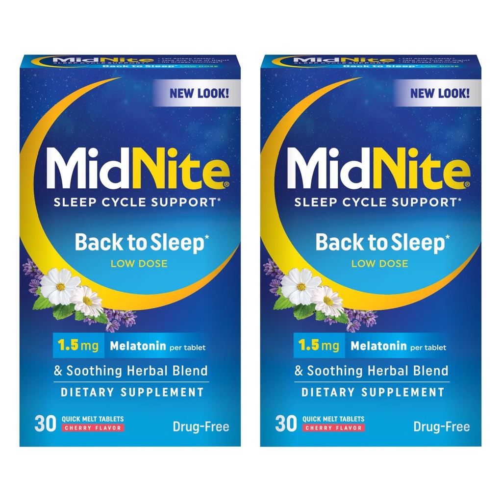 MidNite Back To Sleep Low Dose, 1, 5 mg Μελατονίνη Sleep Aid, Μη Σχηματιζόμενη Κατοικία, Φυτικό Συμπλήρωμα Διατροφής Για Ενήλικες, Χωρίς Φάρμακα, Χωρίς Γλουτένη, Χωρίς Λακτόζη, Χορτοφαγική, Vegan, 30 Γρήγορα Δισκία τήγματος 2 ct
