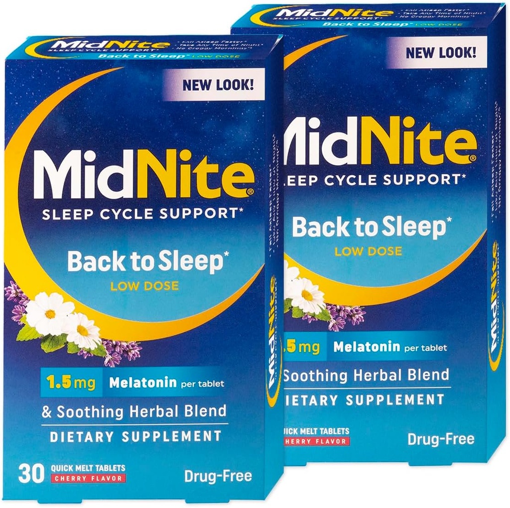 MidNite Back To Sleep Low Dose, 1.5 mg Melatonin Sleep Aid, Non-habit Forming, Herbal Dietary Supplement For Adults, Drug-free, Gluten-free, Lactose-free, Vegetarian, Vegan, 30 Quick Melt Tablets 2 ct