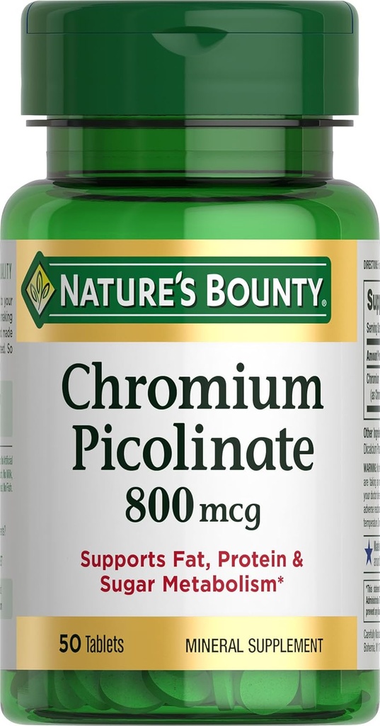 Nature's Bounty Chromium Picolinate, Supports Fat, protein & Sugar Metabolism, Mineral Supplement, 800 mcg, 50 Tablets