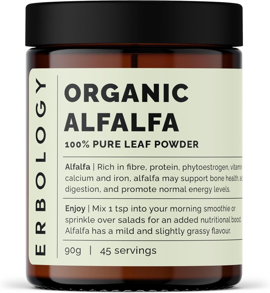 Erboloji Organik Alfalfa Toz 3.2 oz - 45 Hizmet - A vitamini, Kalsiyum ve Demirde Zengin - Çift Batch - Vegan - GMO-Free Batch - Vegan - GMO-Free Batch