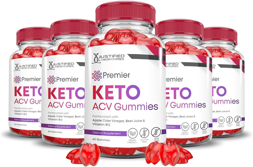 Justified Laboratories (5 Pack Premier Keto ACV Gummies Premier Keto Gummies Advanced 1000MG Apple Cider Vinegar Formulad with Pomegranate Beet Juice B12 Vegan Non GMO 300 Gummys