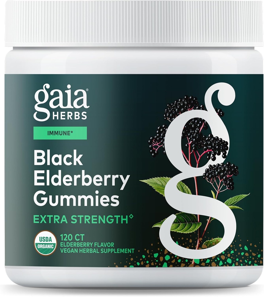Gaia Herbs Black Elderberry (Sambucus nigra) Ekstra Güçlü Gummies - Delicious Immune Support Supplement* - Immune System Support* için sertifikalı Organik Black Elderberries - 120 Gummies