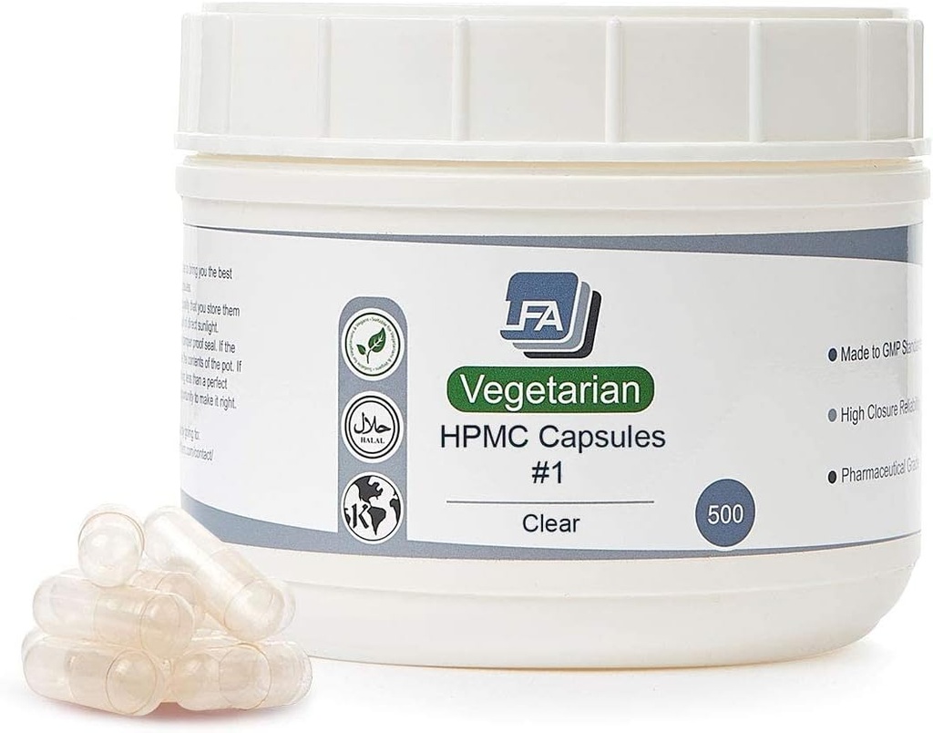 Empty Capsules Size 1 - Clear Vegan HPMC - 500 Count - Fits Capsule Filling Machine Tray - Joined Vegetarian Caps Easy Snap for DIY Powder Supplement Pills - Halal Kosher Hypromellose