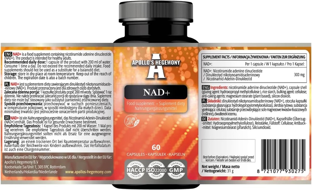 APOLLO'S HEGEMONY NAD+ 300 mg - Coenzymatic Form of Vitamin B3-60 Vegan Capsules - 2 Months Supply - Nicotinamide Adenine Dinucleotide Diet Supplement