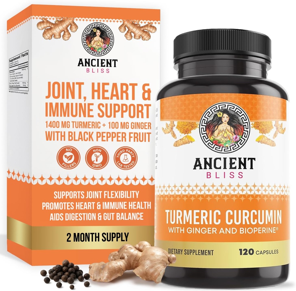 Turmeric Curcumin with Ginger & Bioperine, Turmeric Curcumin with Black Pepper & Raw Ginger Root Toz Capsule Supplement by Ancient Bliss (120 Capsules)