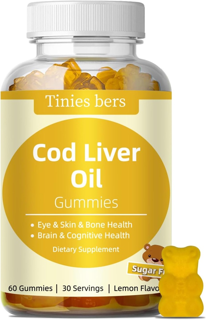 Cod Liver Oil Gummies 1000 mg, Sugar Free for Yetişkinler & Kids, Omega-3s & Vitamin A&D for Brain, Cognitive, Heart & Eye, Bone Health, Gluten Free, Non GMO, Pectin, 60