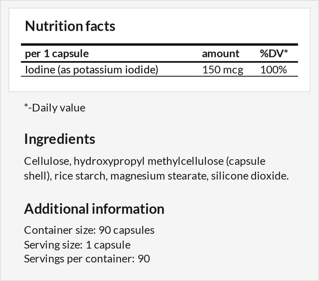 Potasyum Iodide 150 mcg per Capsule - 90 Vegan Capsules - 3 Ay Supply - Optimal Gland Function and Energy Metabolism - Diyet Supplement by Apollo's Hegemony