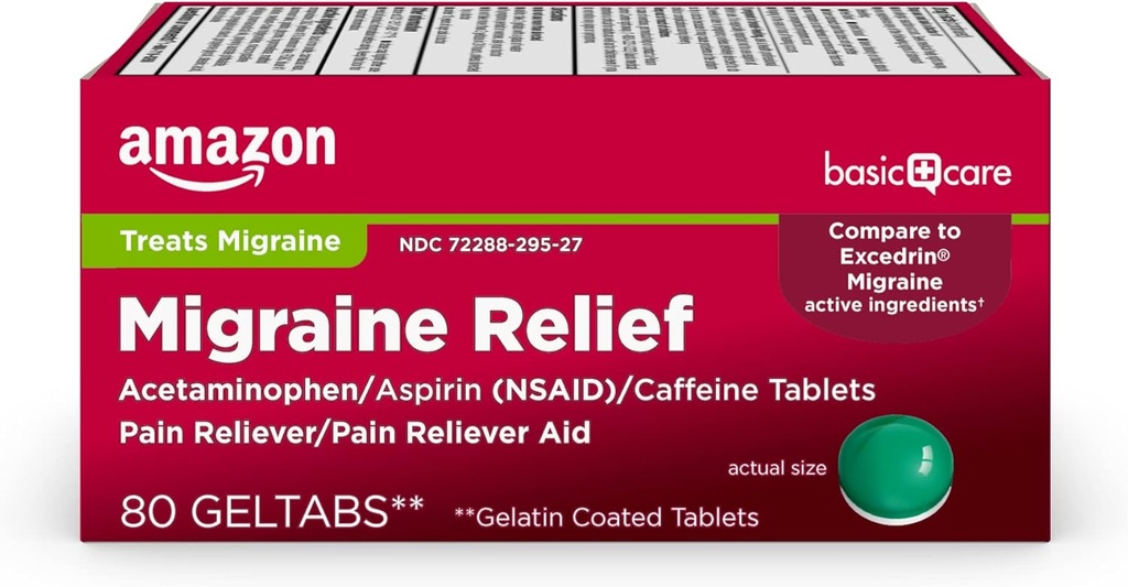 Βασική Φροντίδα Ημικρανία ανακούφιση Geltabs να Alleviate Ημικρανία Συμπτώματα, Acetaminophen, Ασπιρίνη (NSAID) και καφεΐνη, 80 κόμης