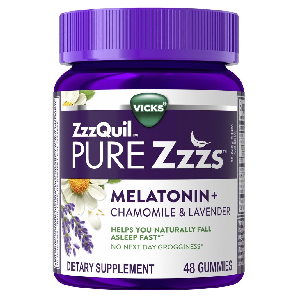 ZzzQuil Pure Zzzs Melatonin Gummies, Sleep Aid, Melatonin 2 mg, Chamomile & Lavender, Melatonin Sleep Gummies, Sleep Aids for Yetişkinler, Wildberry Vanilla Flavored, 48 Sleep Gummies