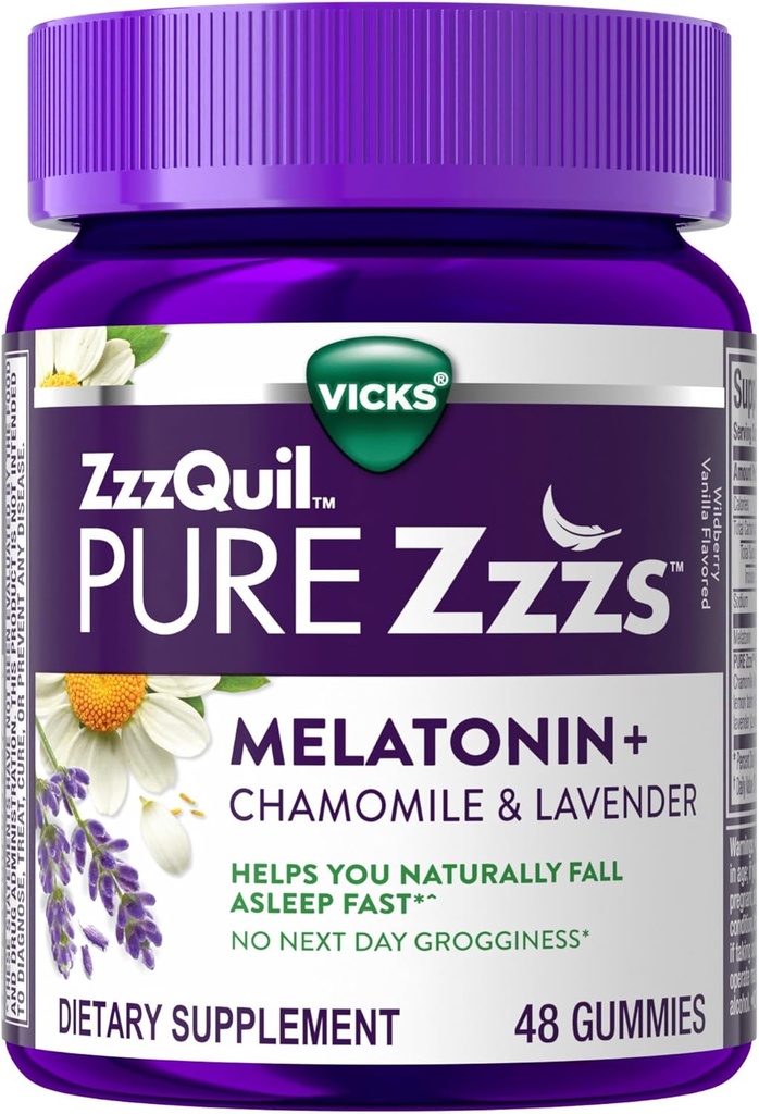 ZzzQuil Pure Zzzs Melatonin Gummies, Sleep Aid, Melatonin 2 mg, Chamomile & Lavender, Melatonin Sleep Gummies, Sleep Aids for Yetişkinler, Wildberry Vanilla Flavored, 48 Sleep Gummies