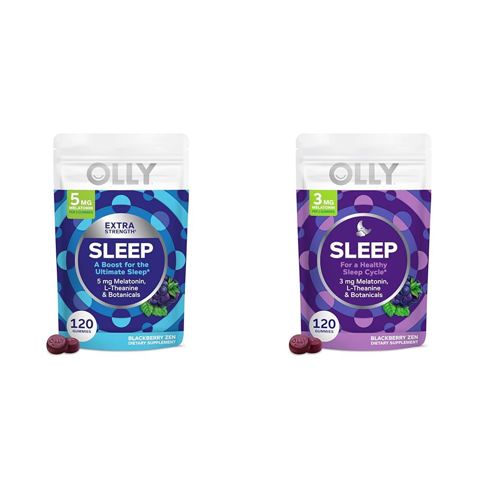 OLLY Extra Strength (5 mg) & Regular Strength (3mg) Melatonin Sleep Gummies with L-Theanine, 120 Count BlackBerry Flavor