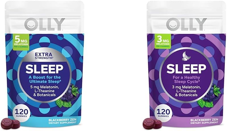 OLLY Extra Strength (5 mg) & Regular Strength (3mg) Melatonin Sleep Gummies with L-Theanine, 120 Count BlackBerry Flavor